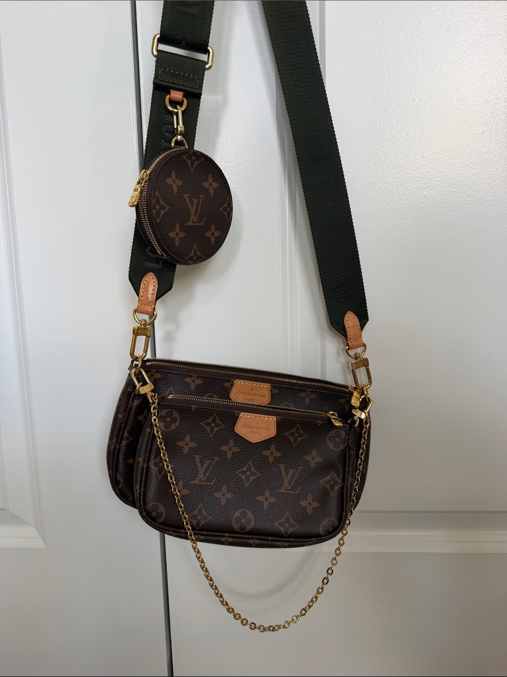 Louis Vuitton Brown Monogram Multi-Pochette Crossbody with Green Strap
